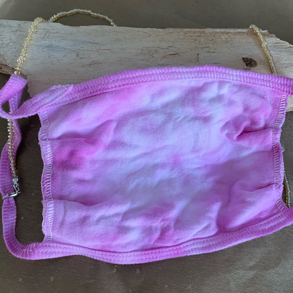 NWT pink tie dye cotton mask with gold bead chain